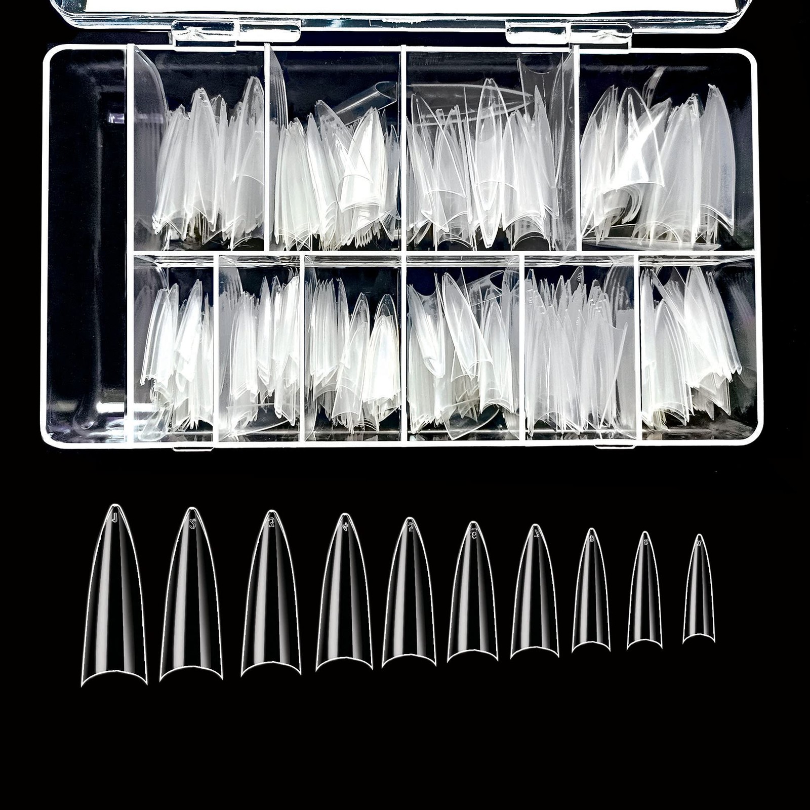 BeYou Clear Long Stiletto 500pcs False Fake Gel Nail Tips,10 Sizes With Clear