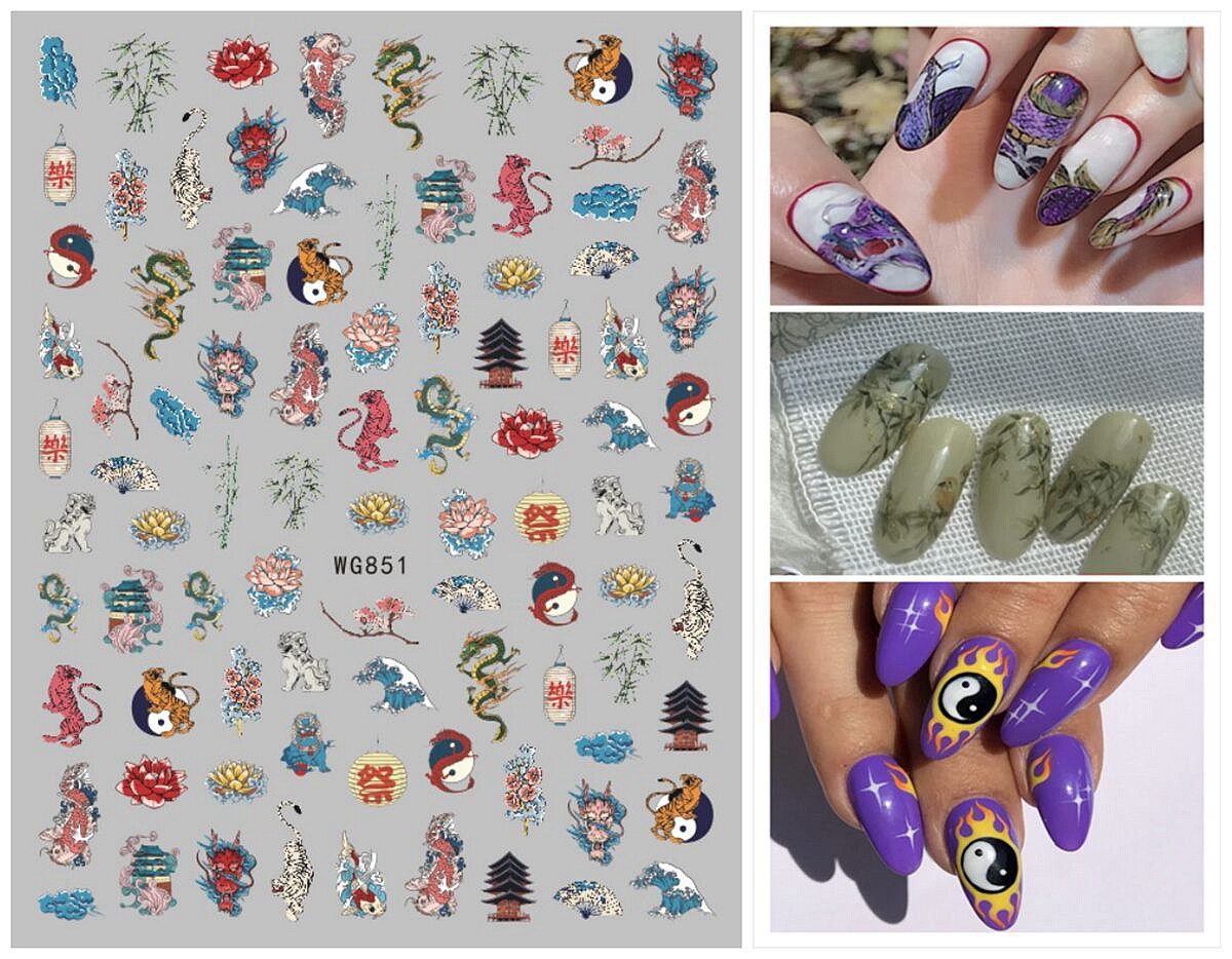 Asian Japanese Element Blue White Porcelain Nail Sticker Wrap Flower Rose