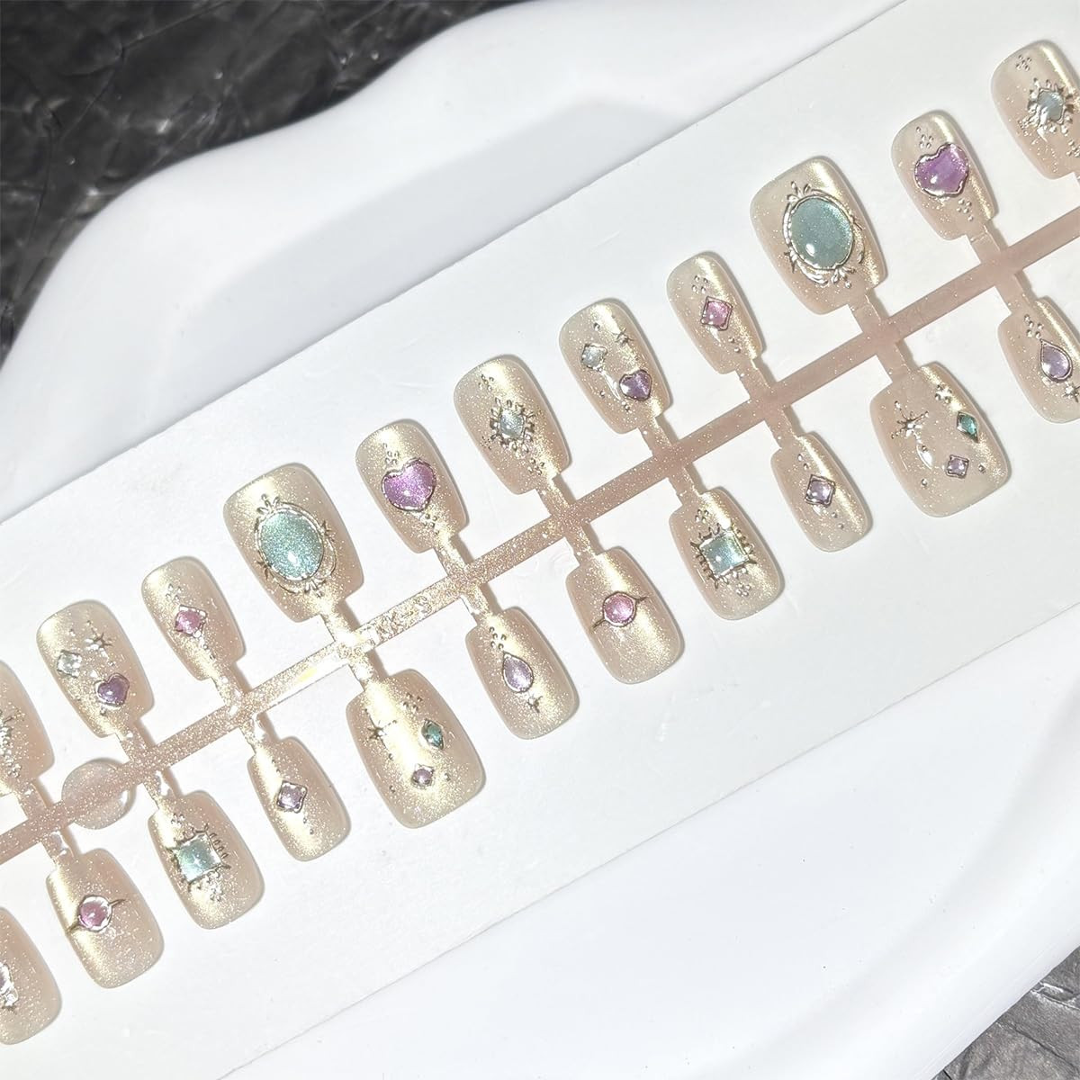 Glitter Press on Nails Medium Length Fake Nails with Glue Heart Gems Nail Charms