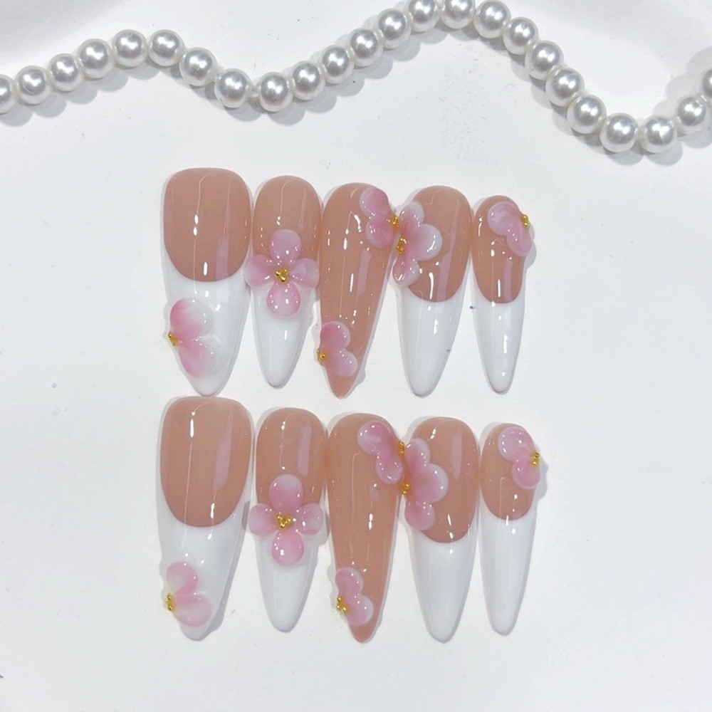 10pcs Nude French Press on Nails 3D Pink Flower Gold Pearl Long Stiletto Tips