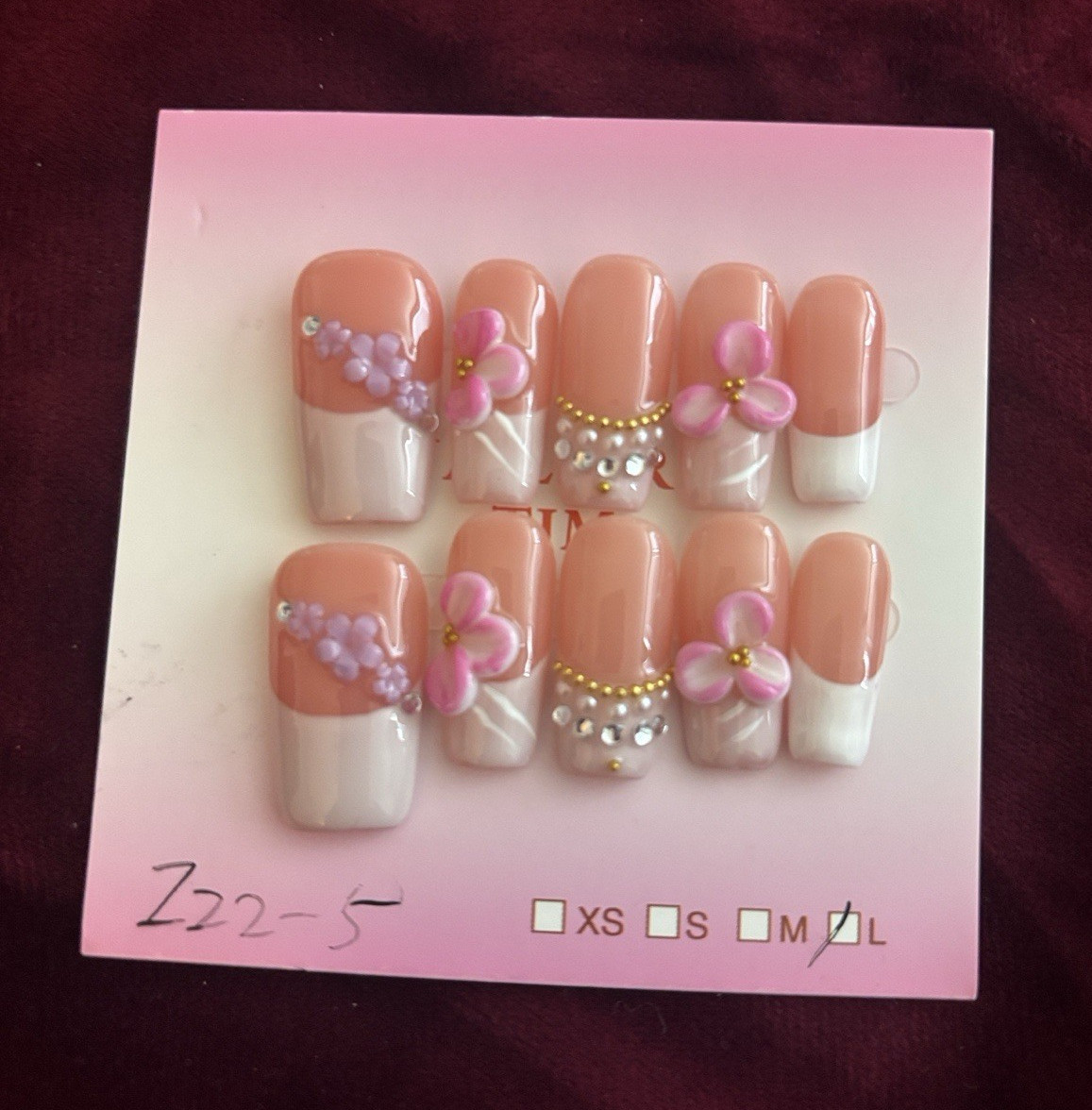 Press-On Nails Nude/Pink/White French Tip 3D Flower Square Medium Full Cover