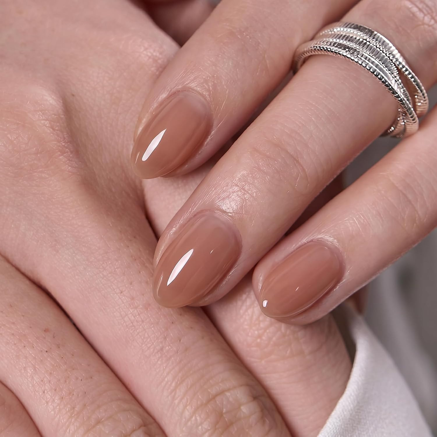 Extra Short Press on Nails – 32Pcs Soft Gel Almond Nude Peach Pink Fake Nails, R