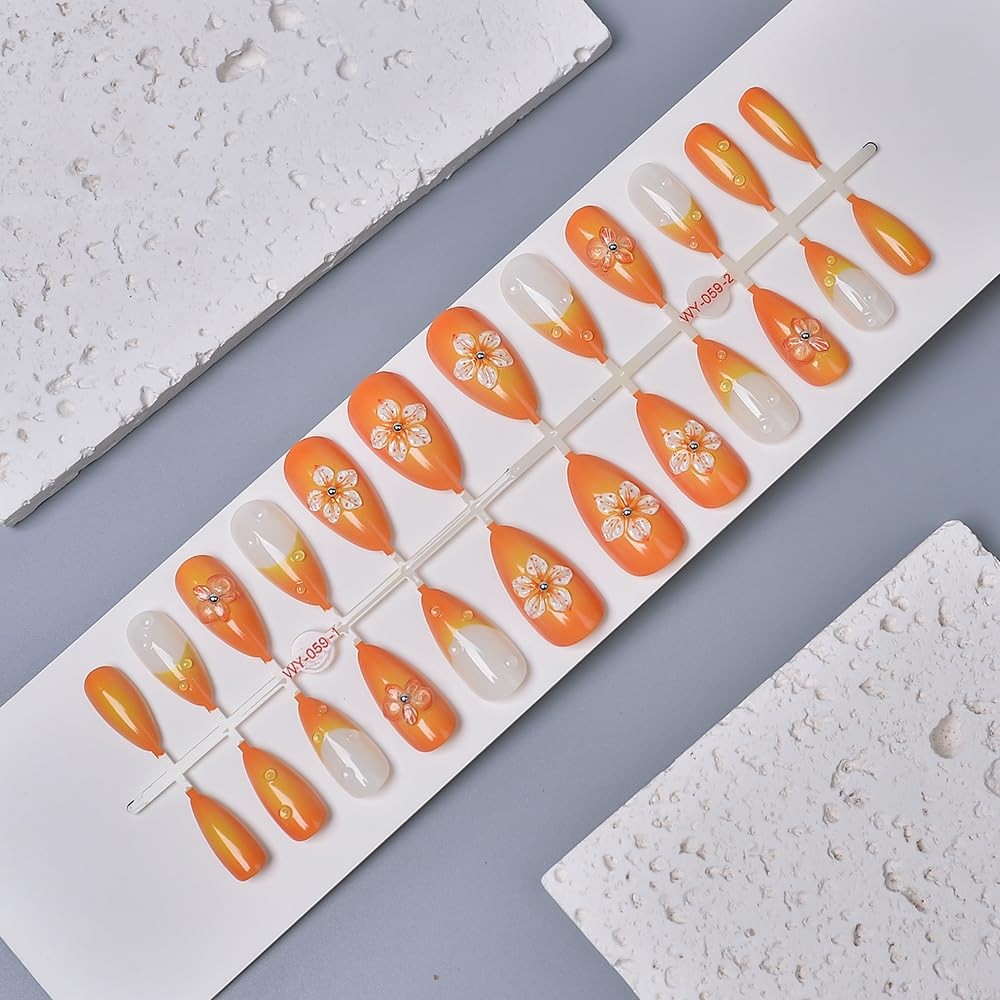 Almond Press on Nails Sunset Ombre French Tip, 3D Frosted Flower, Warm Orange…