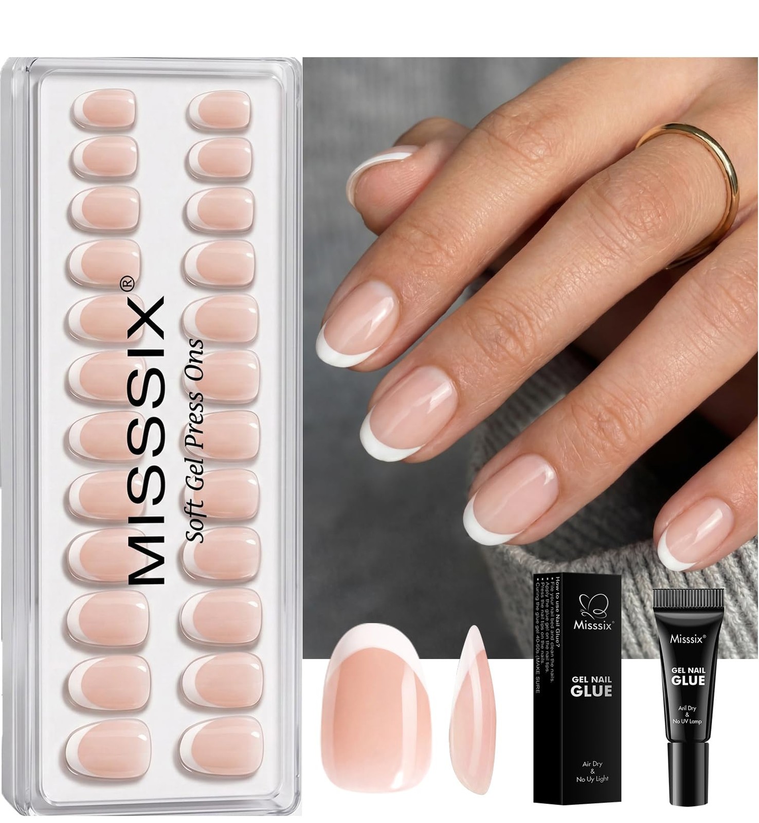 Misssix French Tip Press On Nails Short Oval Nude Fake Nails with Glue