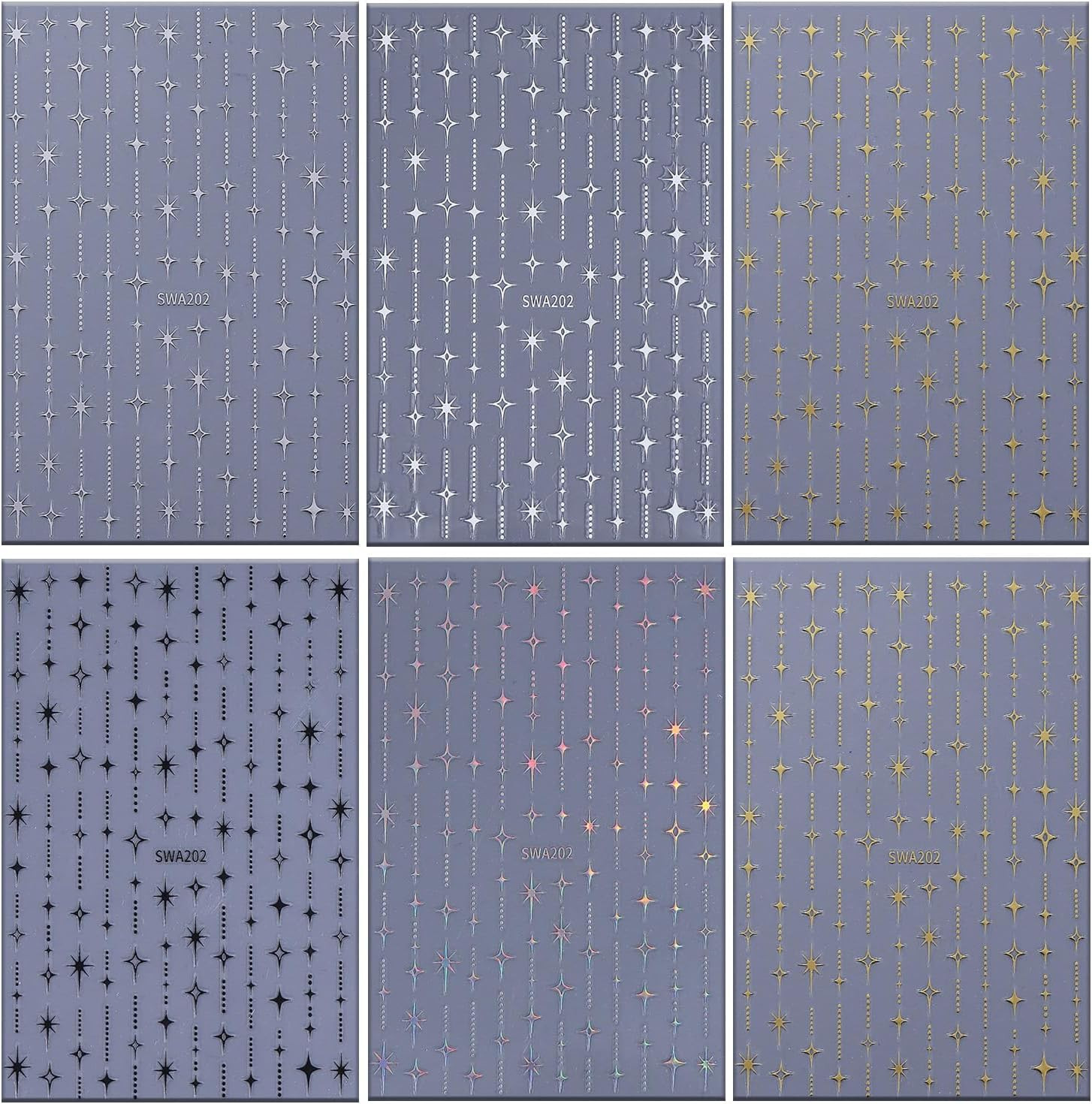 6 Sheets Stars Nail Art Stickers 3D Self -Adhesive Gold Silver White Black Laser