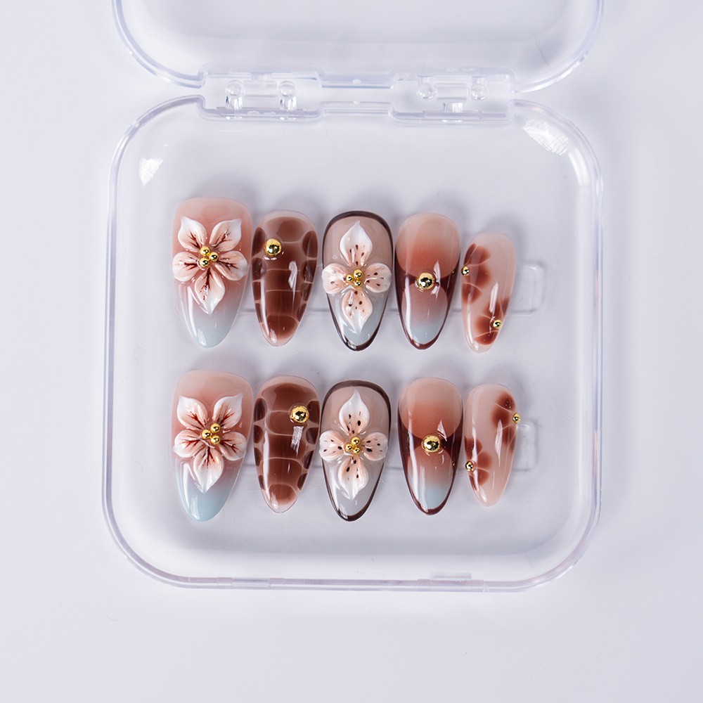 10pcs Brown Pink Gradient Almond Nails 3D Flower Gold Beads Autumn