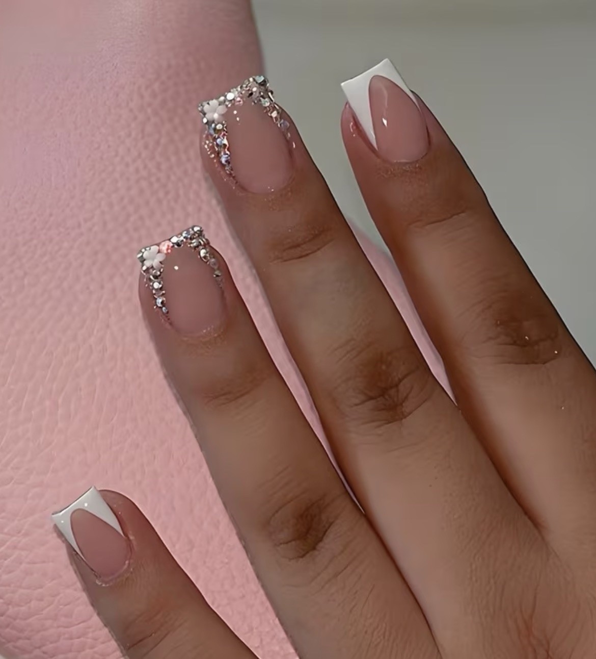 Beautiful Nail French Glitter Floral Medium Square Press-On Nails Pink Full Cov…