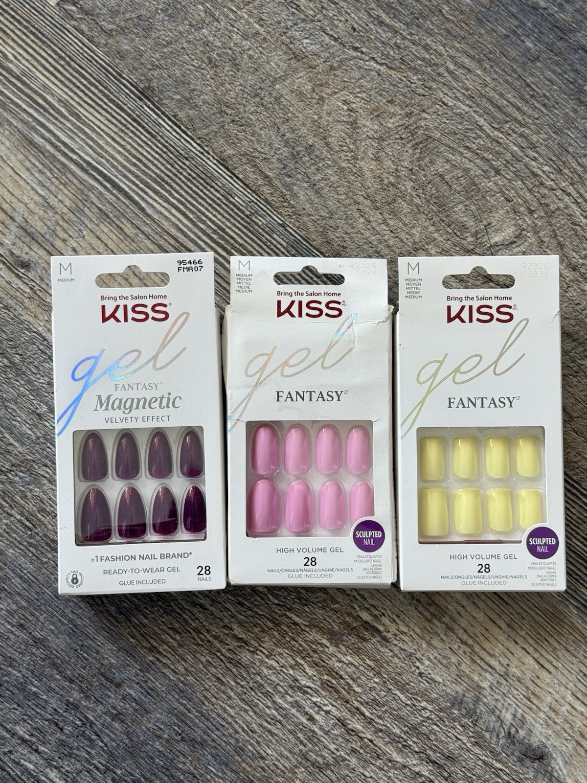 Kiss Gel Fantasy Medium Square/Almond/Round Pink Purple Yellow Press On Nails x3