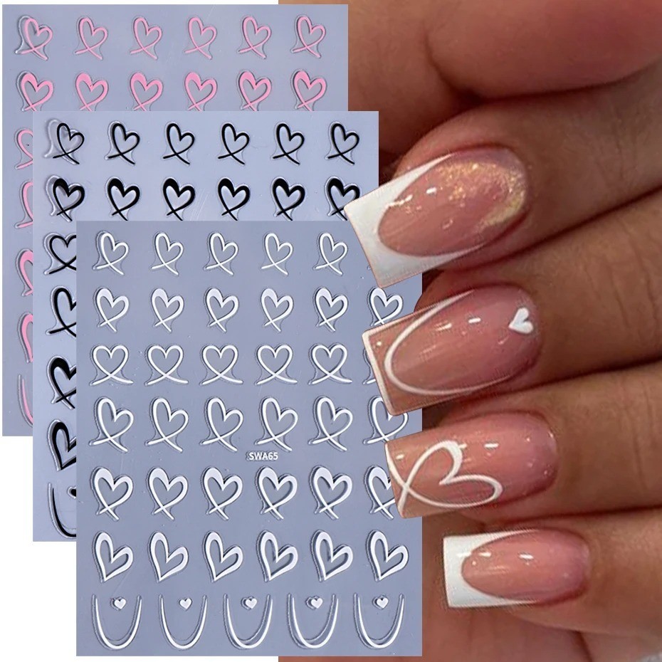 Nail Art Stickers 3D Black White Pink Lines Love Heart Nail Decals Adhesive 3PCS