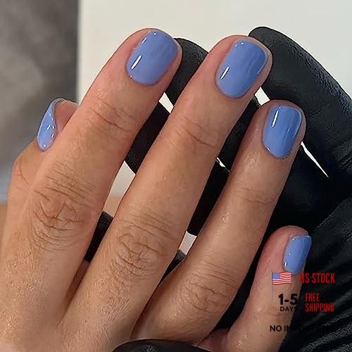 Lake Blue Press on Nails Short Square Fake Nails with Nail Glue Cute lake blue
