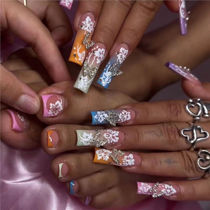 Sweet Leopard Print French 3D Flower Gradient Square Press On Nails 48PCS