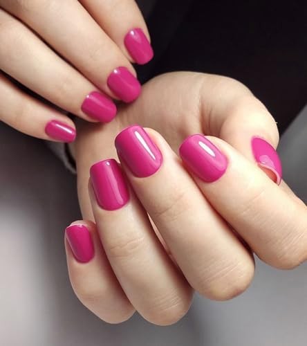 Press on Nails Short Square False Tips Glossy Reusable Fake Stick on Hot Pink