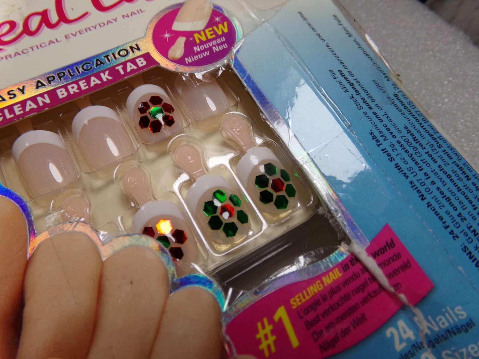 Broadway Frech with Red & Green Christmas Design Glue on Nail Real Short A