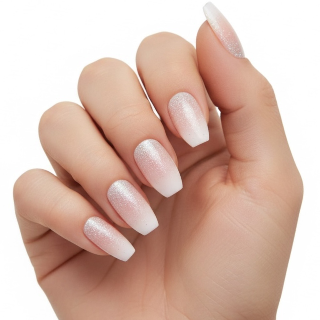 Nude Pink Ombre Glitter French Tip Square Long Acrylic False Press On Nails Set