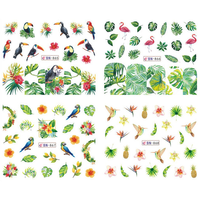 Nail Art Water Transfer Sticker Ink Flower Green Leaves Rose Bird Floral Decals