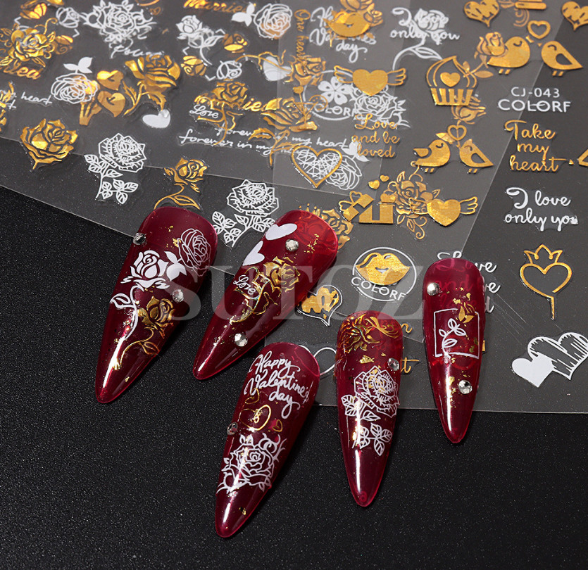 3D Nail Art Sticker Gold White Heart Rose Flower Kiss Lace Valentine Bridal NH11