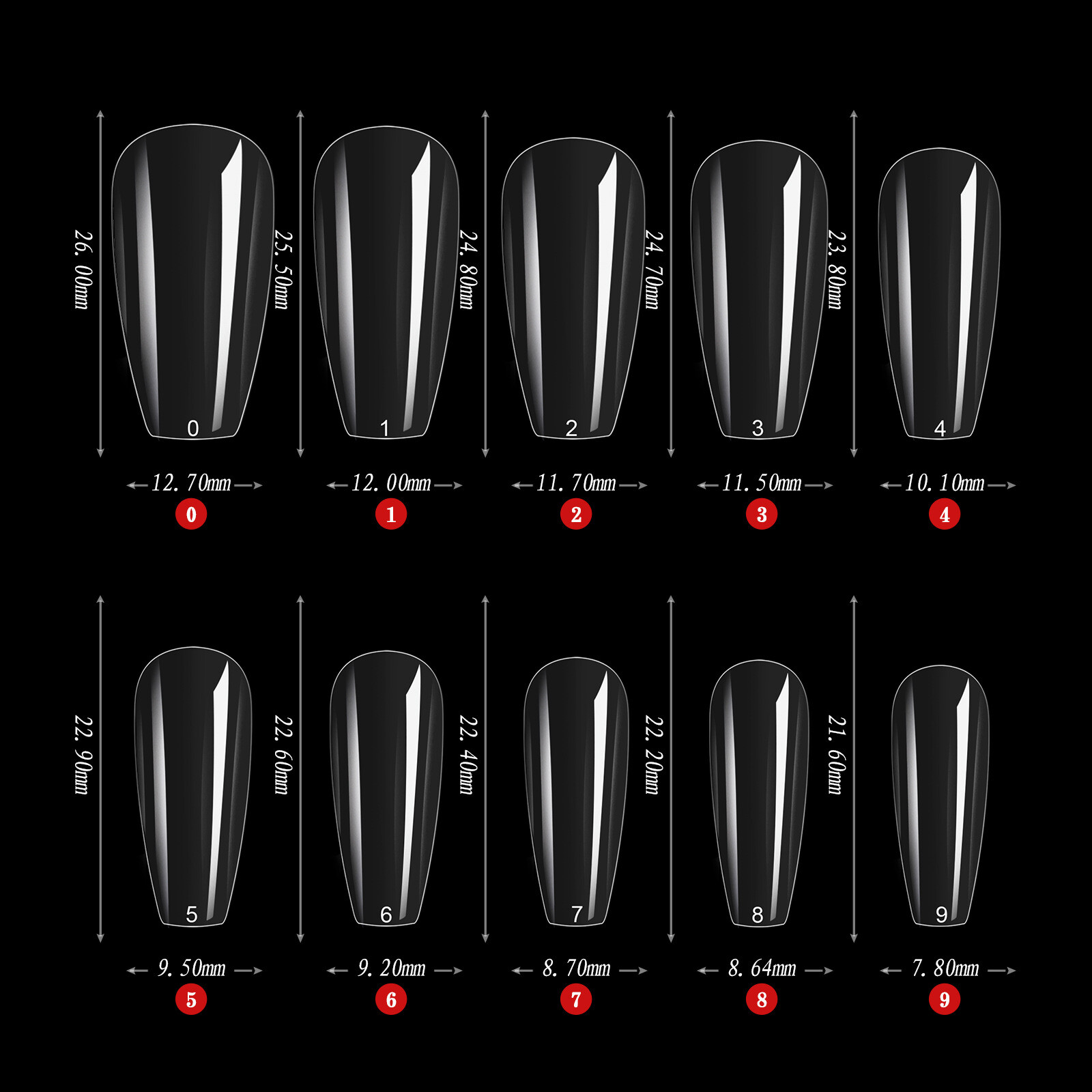 S/XL/3XL False Nail Tips Coffin Square Stiletto Almond Shape Acrylic Tips Clear