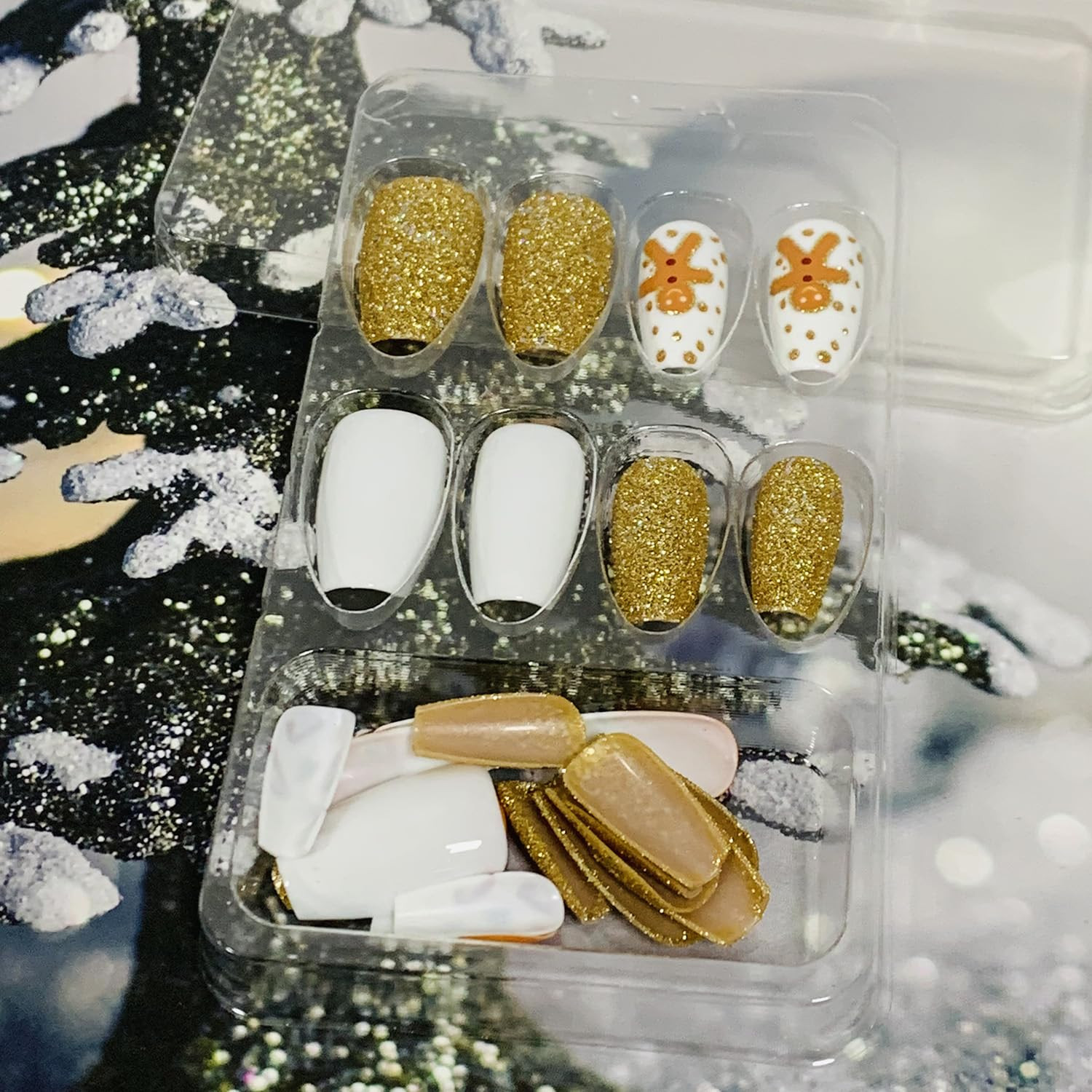 Christmas Press on Nails Coffin Medium, 24Pcs Gold Glitter Artificial Fake Nails