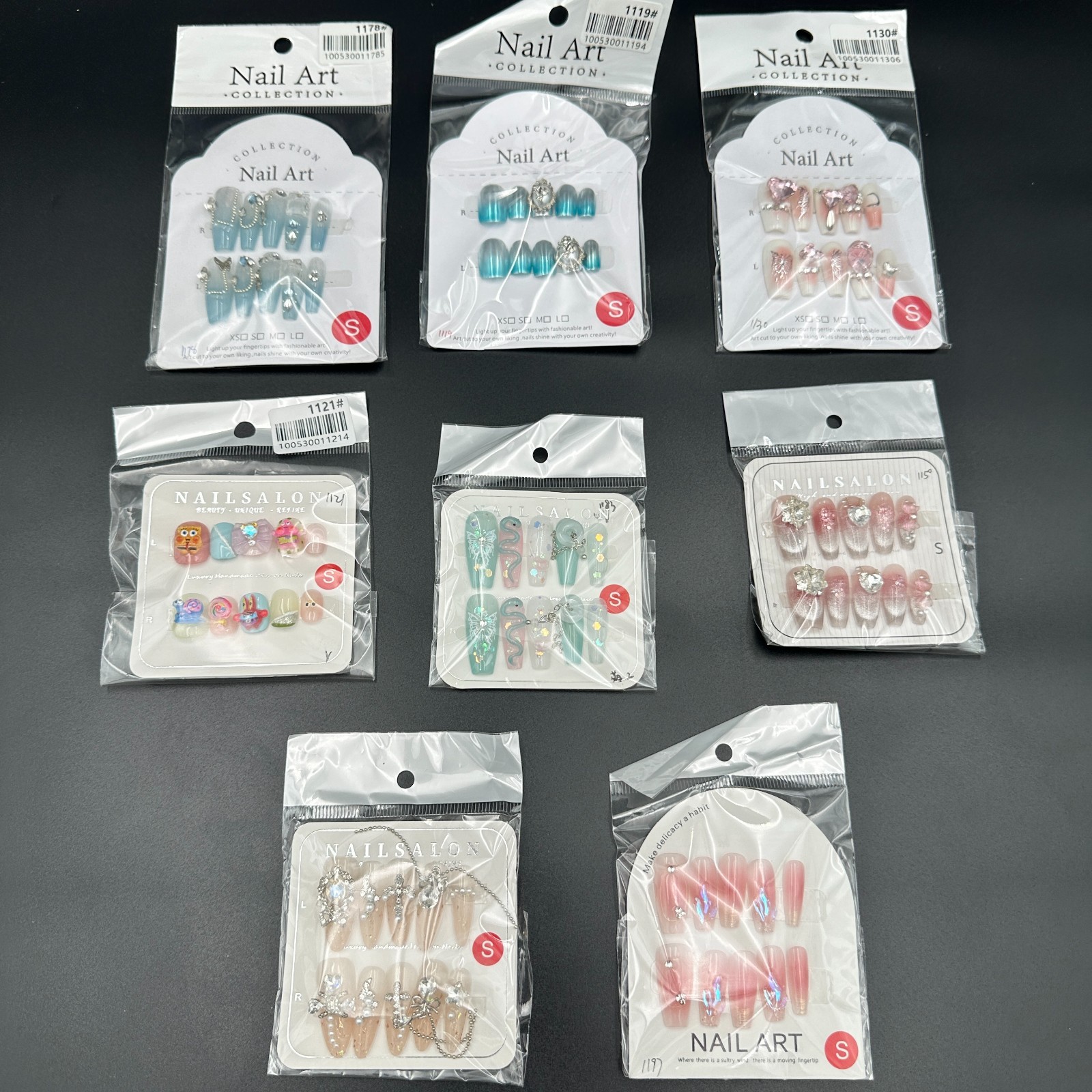 Lot of 8 Packs Press On Nails Size S Rhinestone 3D Bling False Nail Art Set