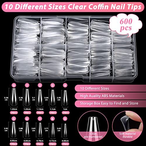 600PCS Clear Coffin Nail Tips Set Clear Acrylic Full Cover Nail Tips Set-Clear