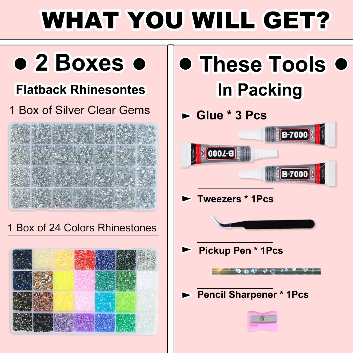 Rhinestones Bedazzling Kit – Silver Clear & Multicolor Flatback Gems + B7000 Glu