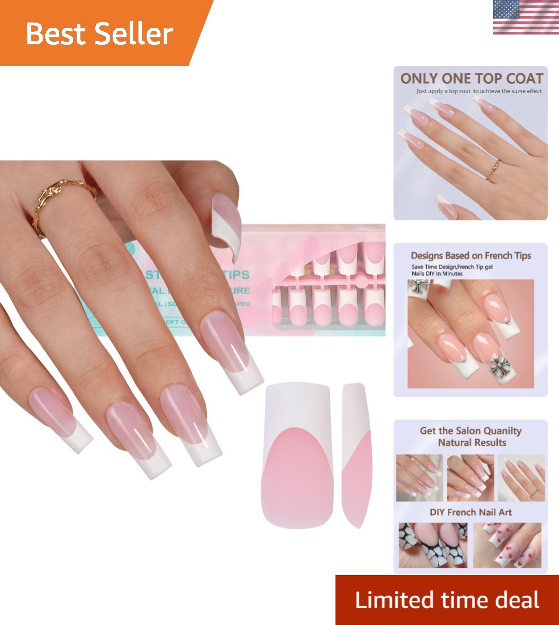 240Pcs French Gel Nail Tips – 15 Size Pink Long Square Press-On Designs