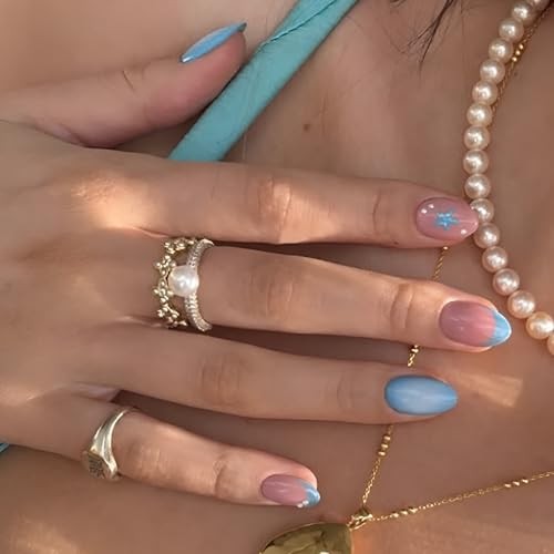 Summer Press on Nails – Short Almond Fake Nails – French Tip – Blue Ocean – 2