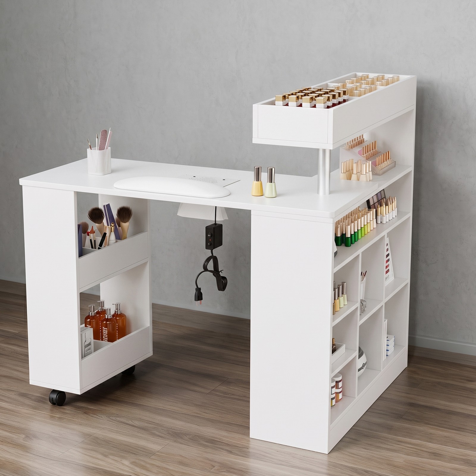 L Shaped Manicure Table with Wrist Rest & 180° Swivel Desktop and Dust Collector