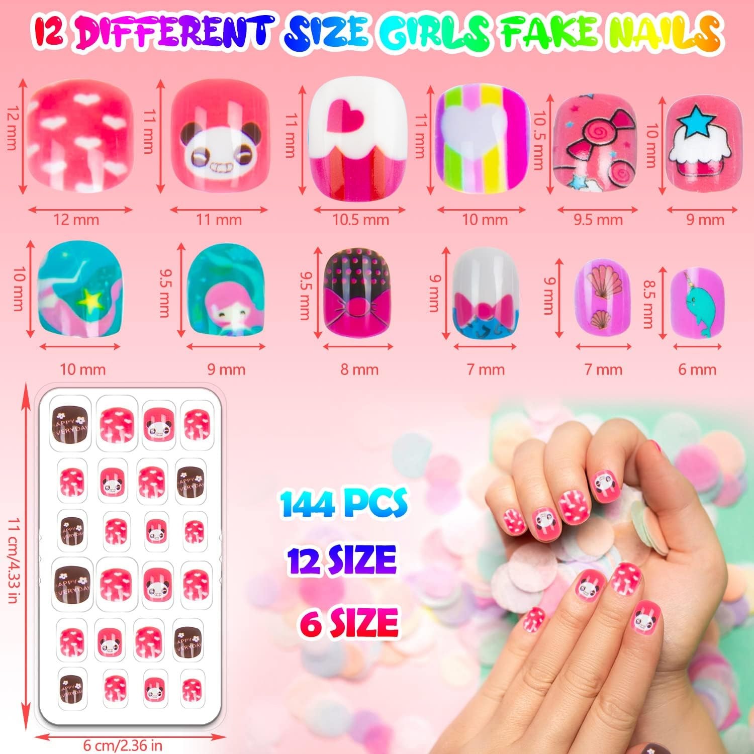 144 Pieces Press On Nails for Kids Children Fake Girls Multicolour