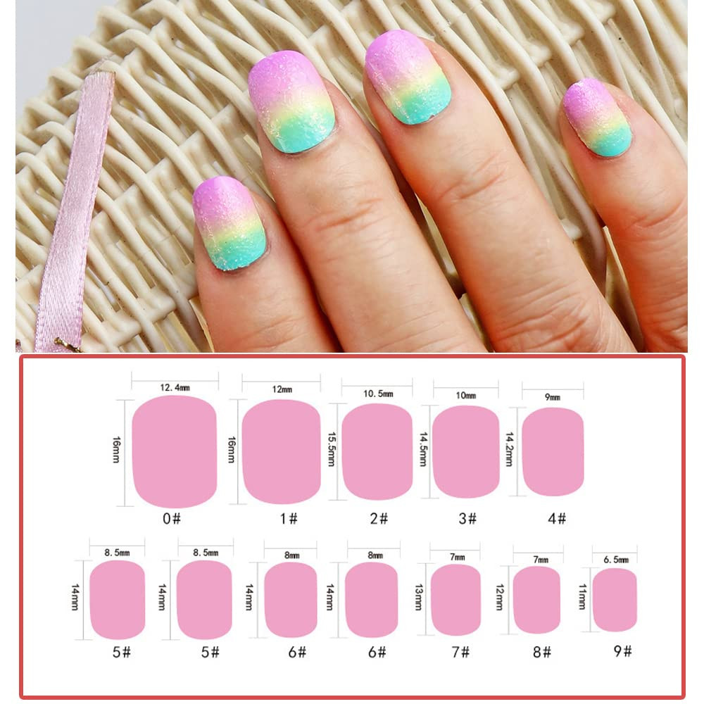 24 Pcs Rainbow Kids Press on Nails for Girls Short Oval | Sparkle Gradient Glitt