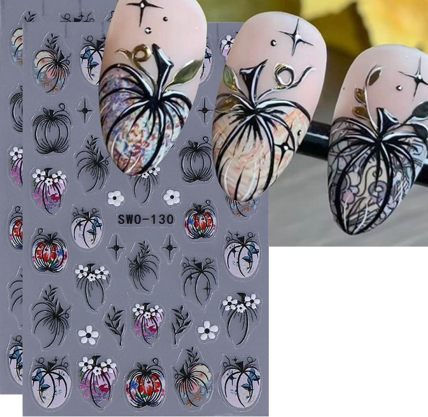 2Sheets Retro Black White Vine Flowers Nail Art Stickers 3D Embossed Pink Flower