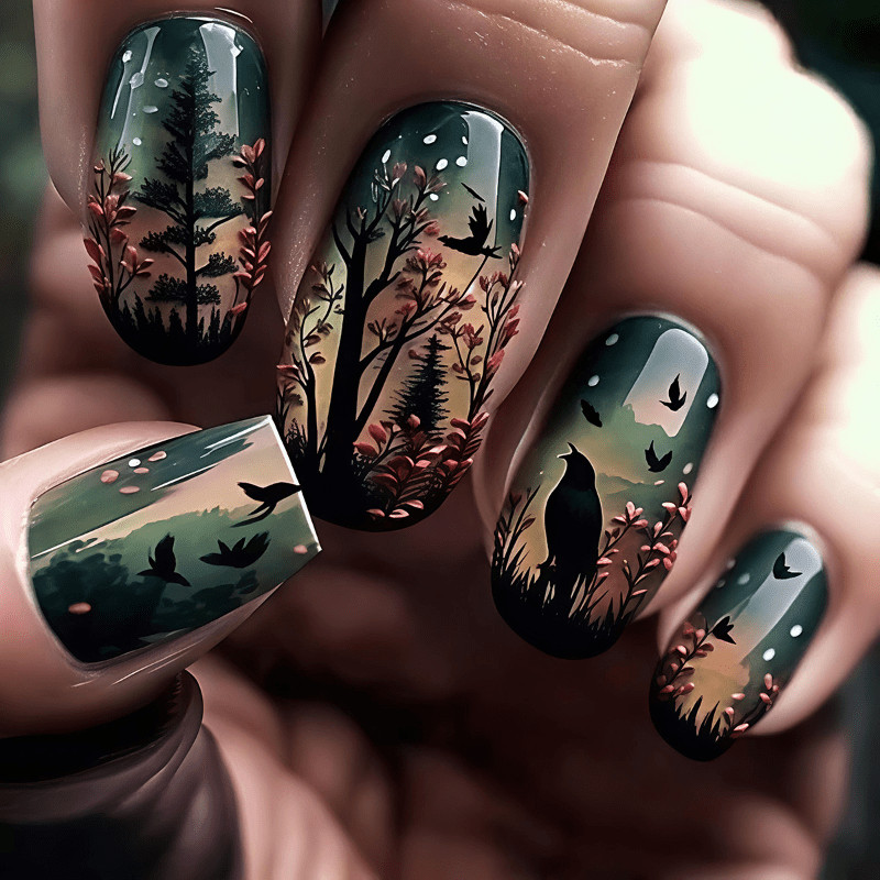 48Pcs Medium Oval Nails, Green Brown Tone, Forest Bird Silhouette