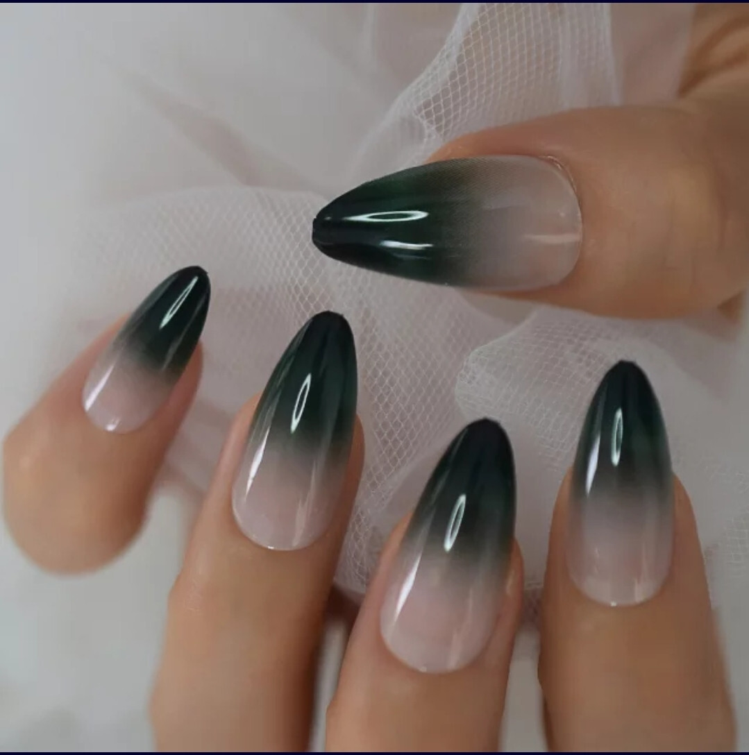 24 Medium Press on nails kit w glue dark green ombre nude winter almond