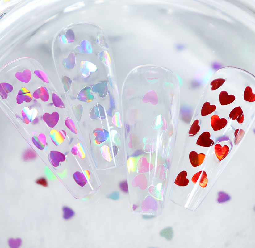 Holographic Love Hearts Nail Art Glitter Sequins Valentines Day Nail Charms NH25