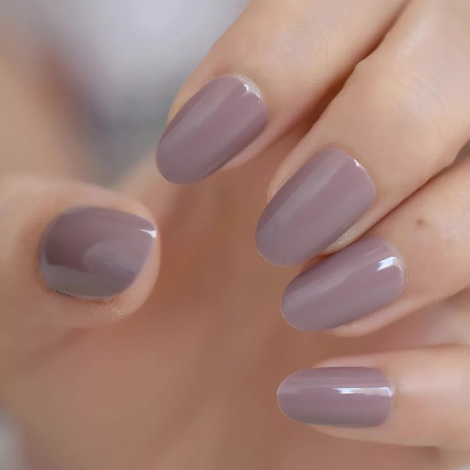 24 Short Greige Press on nails glue on neutral cool grey gray beige taupe muted