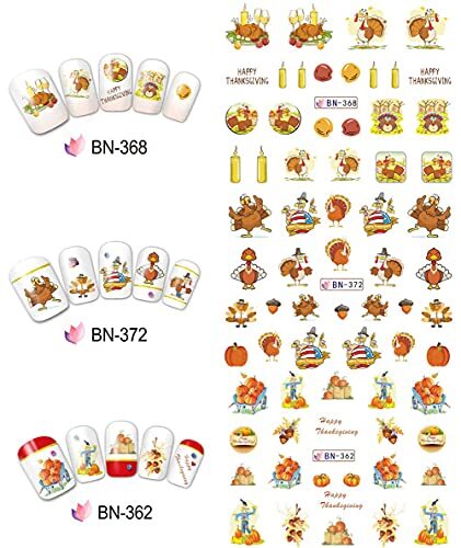 12 Sheets Fall Nail Art Stickers Thanksgiving Nail Decals Water Transfer A2