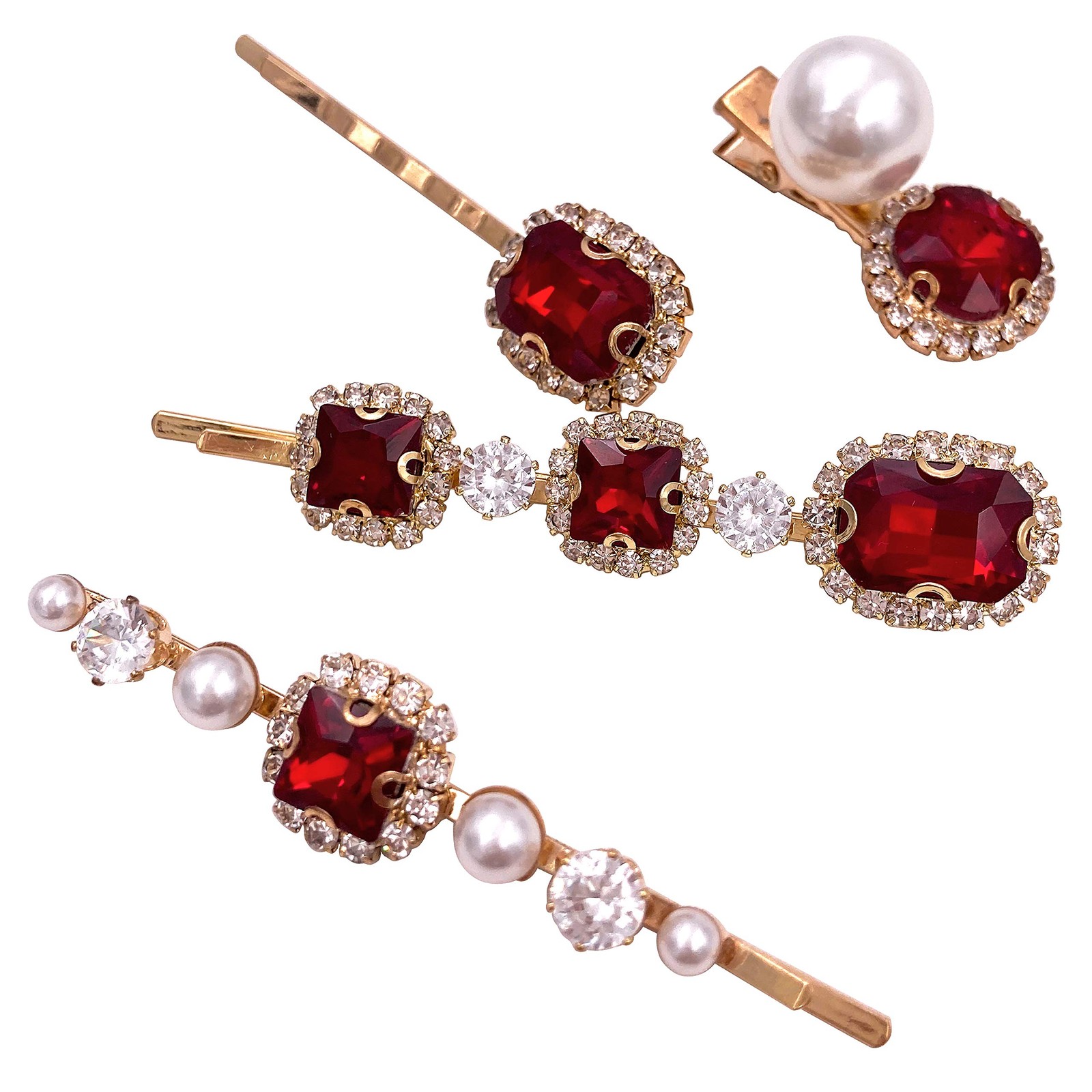 4PCS Vintage Ruby Red Crystal Pearl Gold Bobby 1 Count (Pack of 4), Rubby