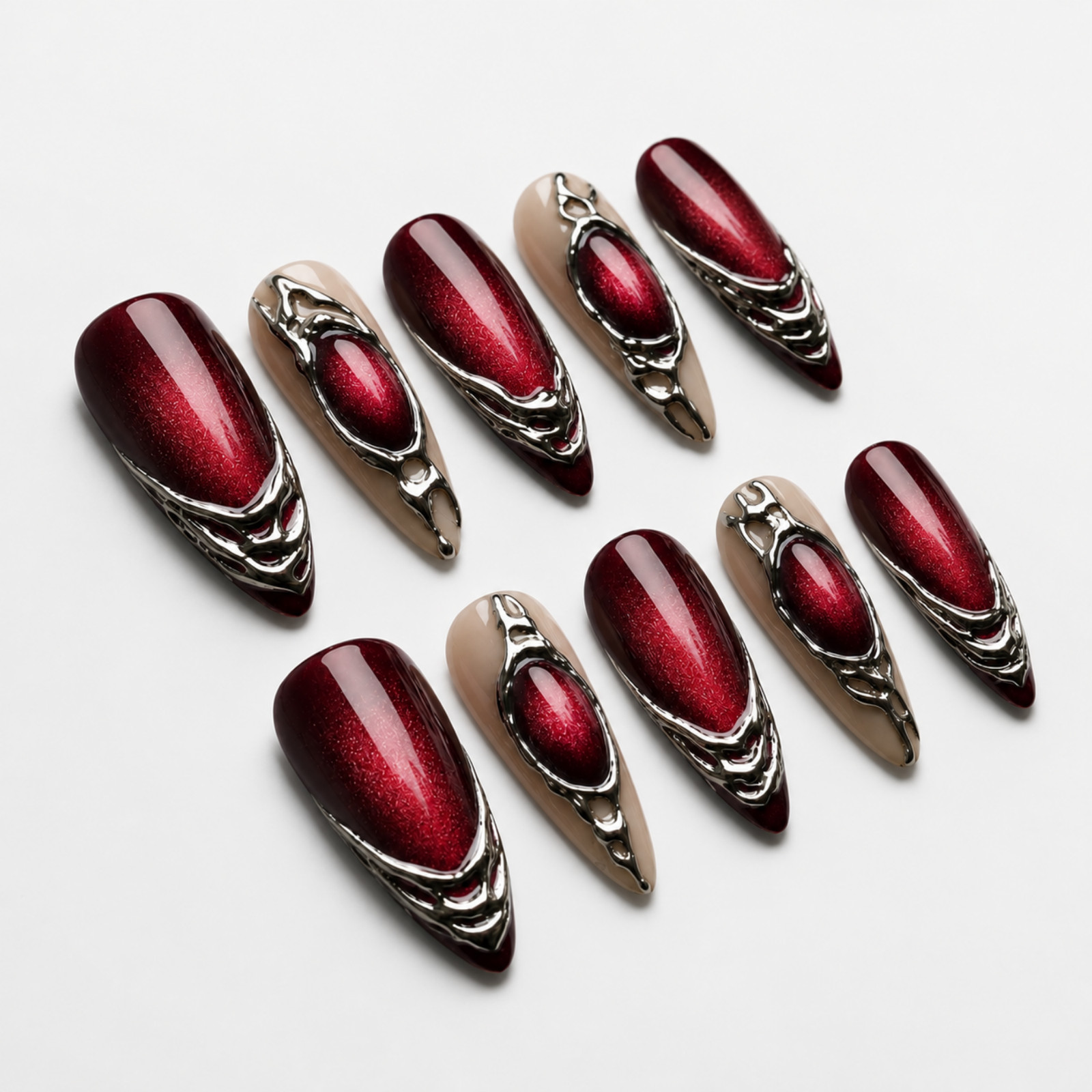 Handmade Red Chrome 3D Press-On Nails Metallic Gothic Nail Set