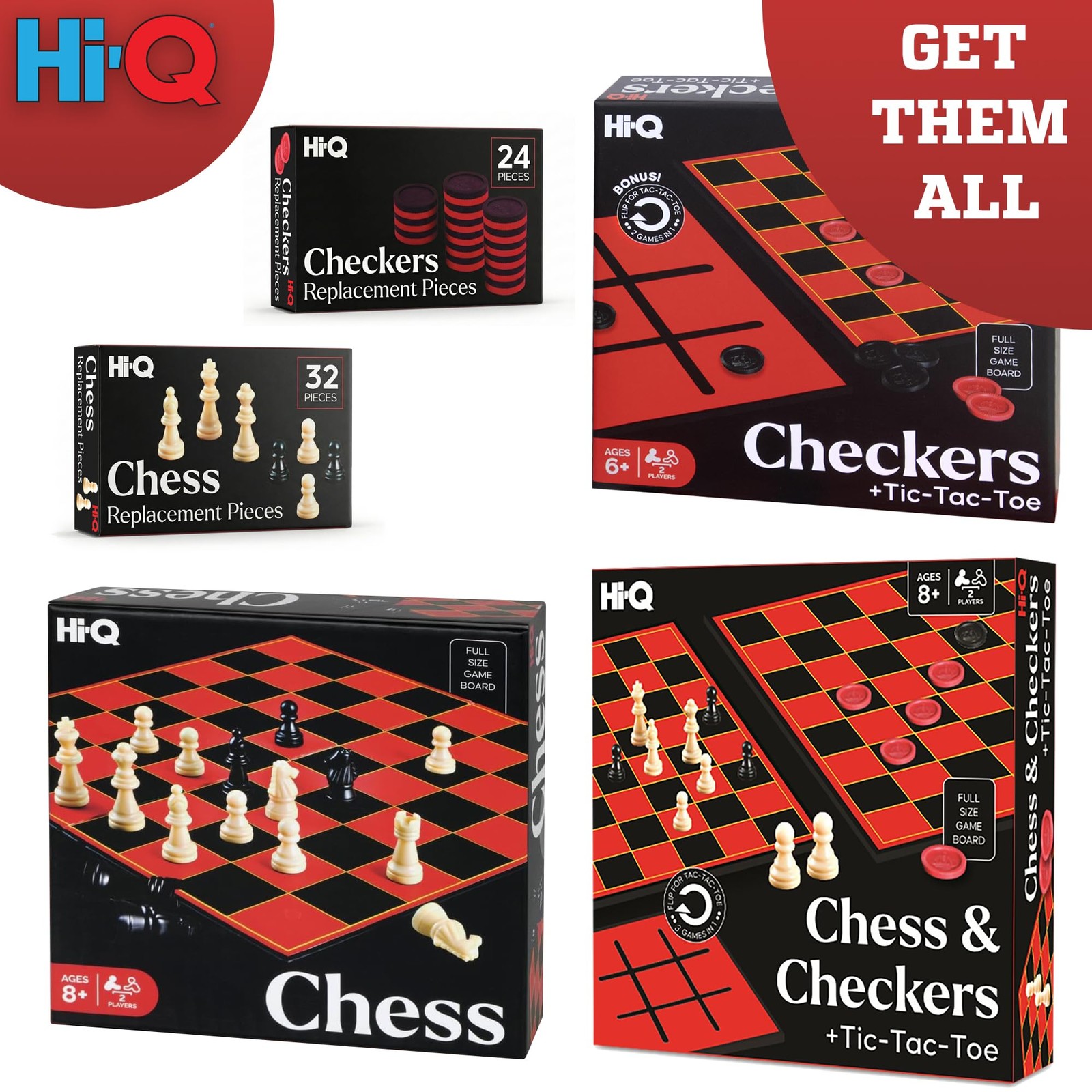HI-Q Checkers & Tic-Tac-Toe Board Game Set – Classic One Size, Black Red