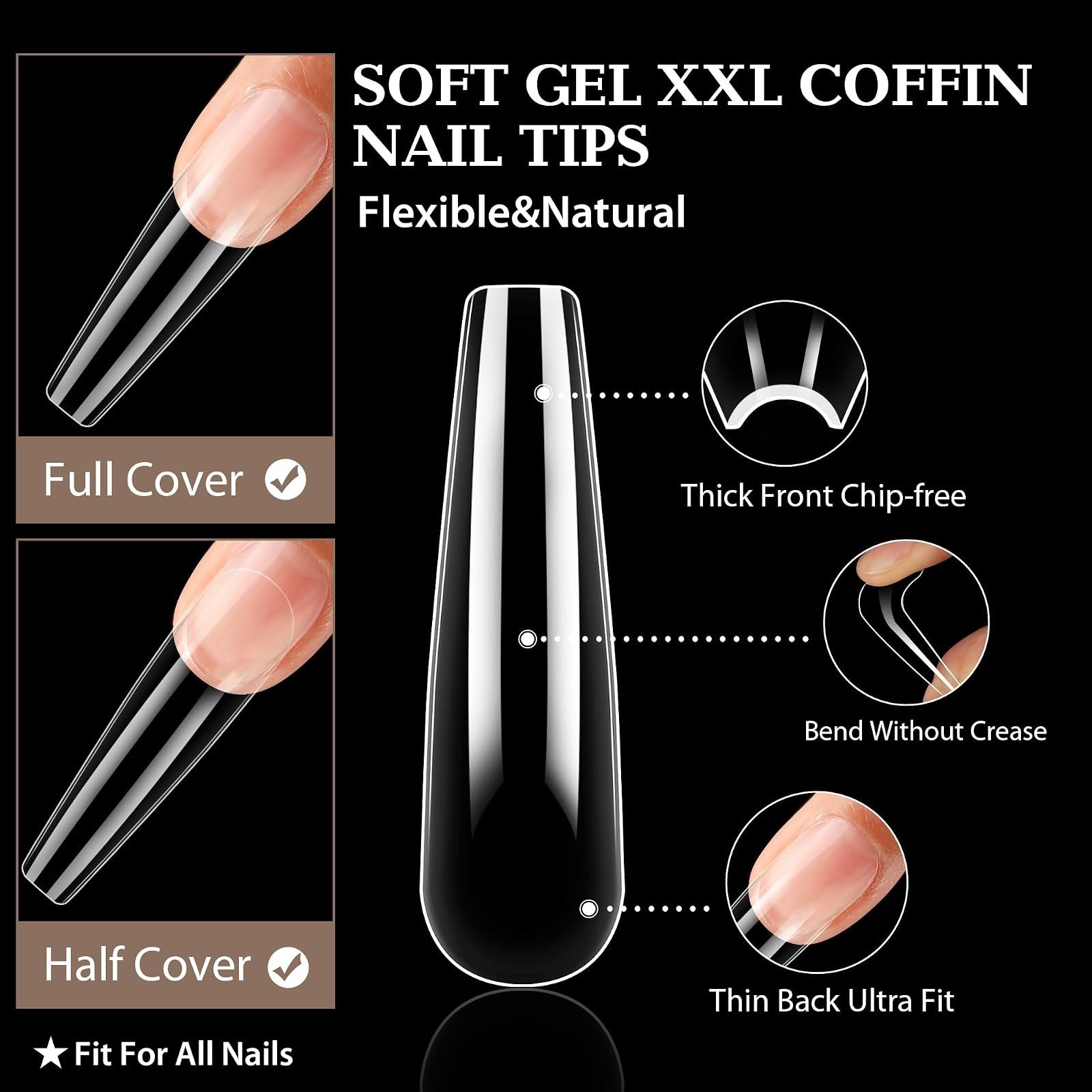 XXL Coffin Nails Tips Full Cover 216pcs Extra Long Clear Acrylic
