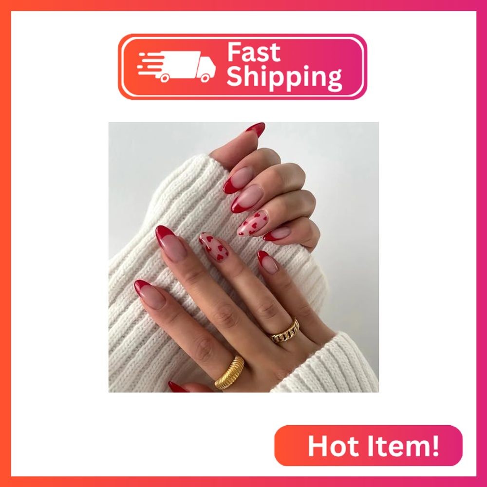 Red Valentines Press on Nails Heart Design Fake Nails Almond Shape Red French Ti