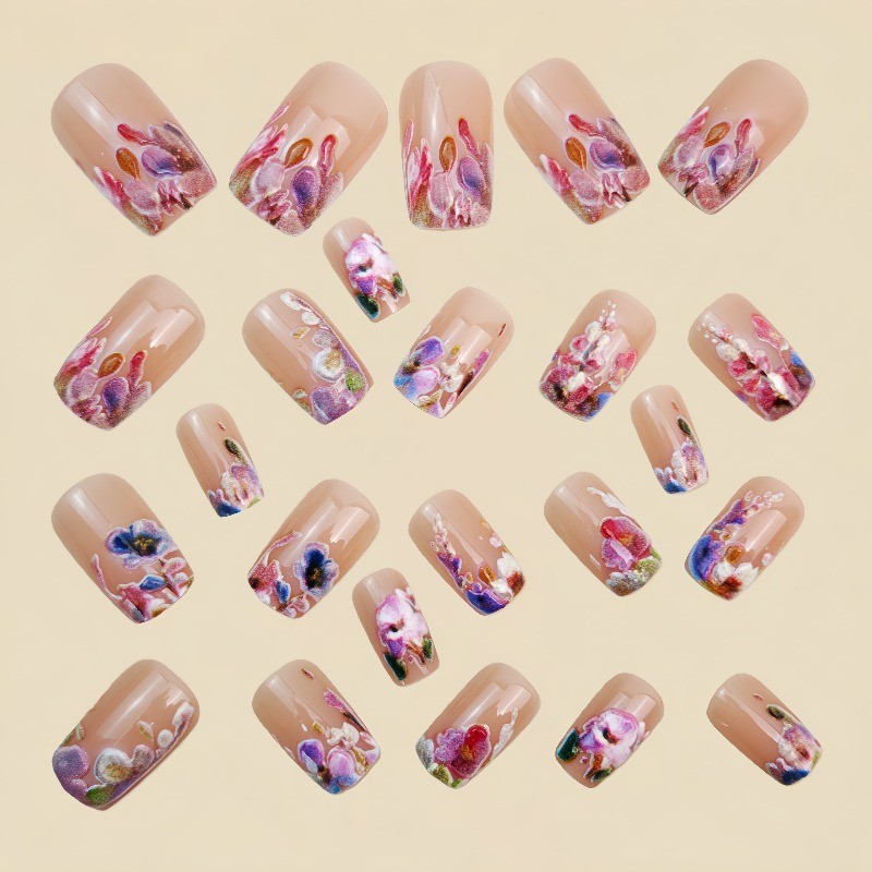 48Pcs-Clear Base Fake Nails Medium Square Vintage Watercolor Flower Daily Decor
