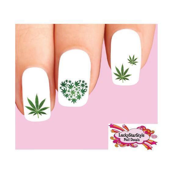 Waterslide Nail Decals Set of 20 – Green Cannabis Pot Marijuana Heart Assorted