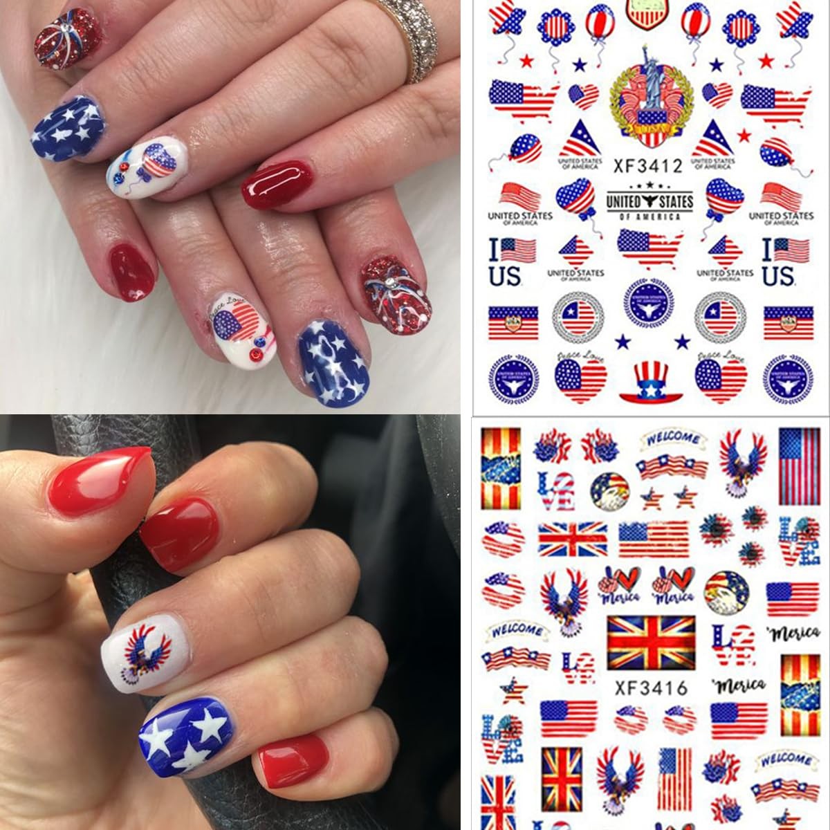 8 Sheets 4th of July Nail Art Stickers White Red Blue 3D Self-Adhesive Nail D…