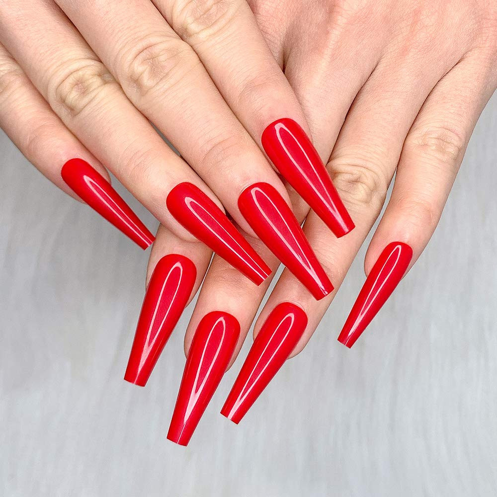 24pcs Red Coffin Press On Nails Long Glossy Fake Nails Manicure Set Acrylic Tips