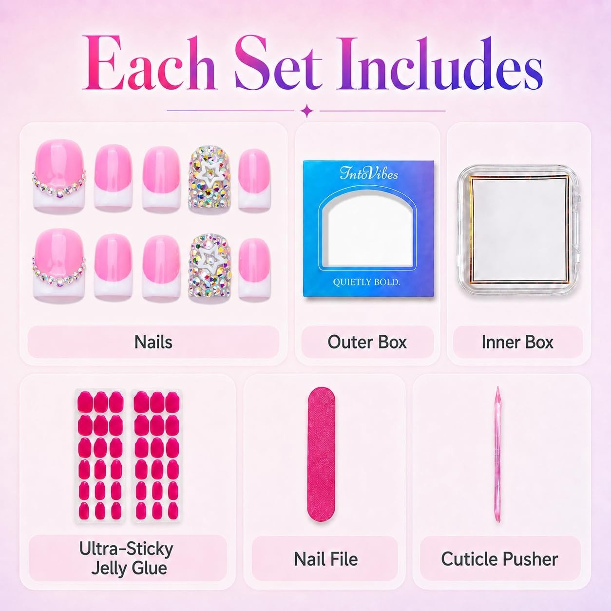 Medium Square Press On Nails Pink White French Glitter Rhinestone Fake Nails