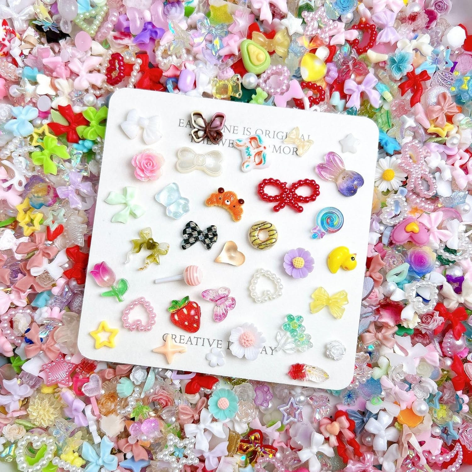 200Pcs Pink Red Nail Charms Kit 3D Flower Bow Heart Flatback Pearls Mixed Shape