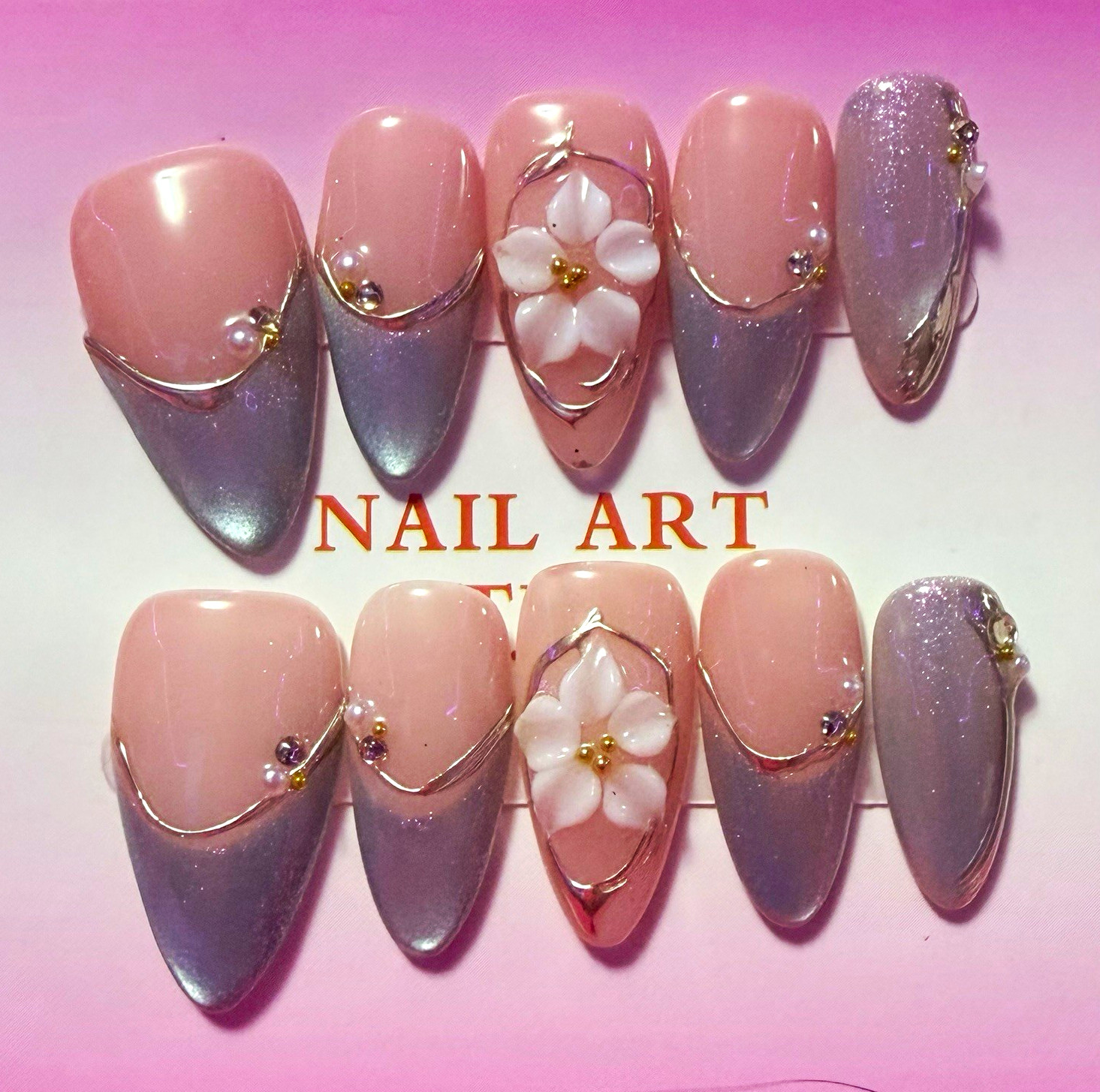 Pink/Silver 3D Flower Almond Press-On Nails Set, size large