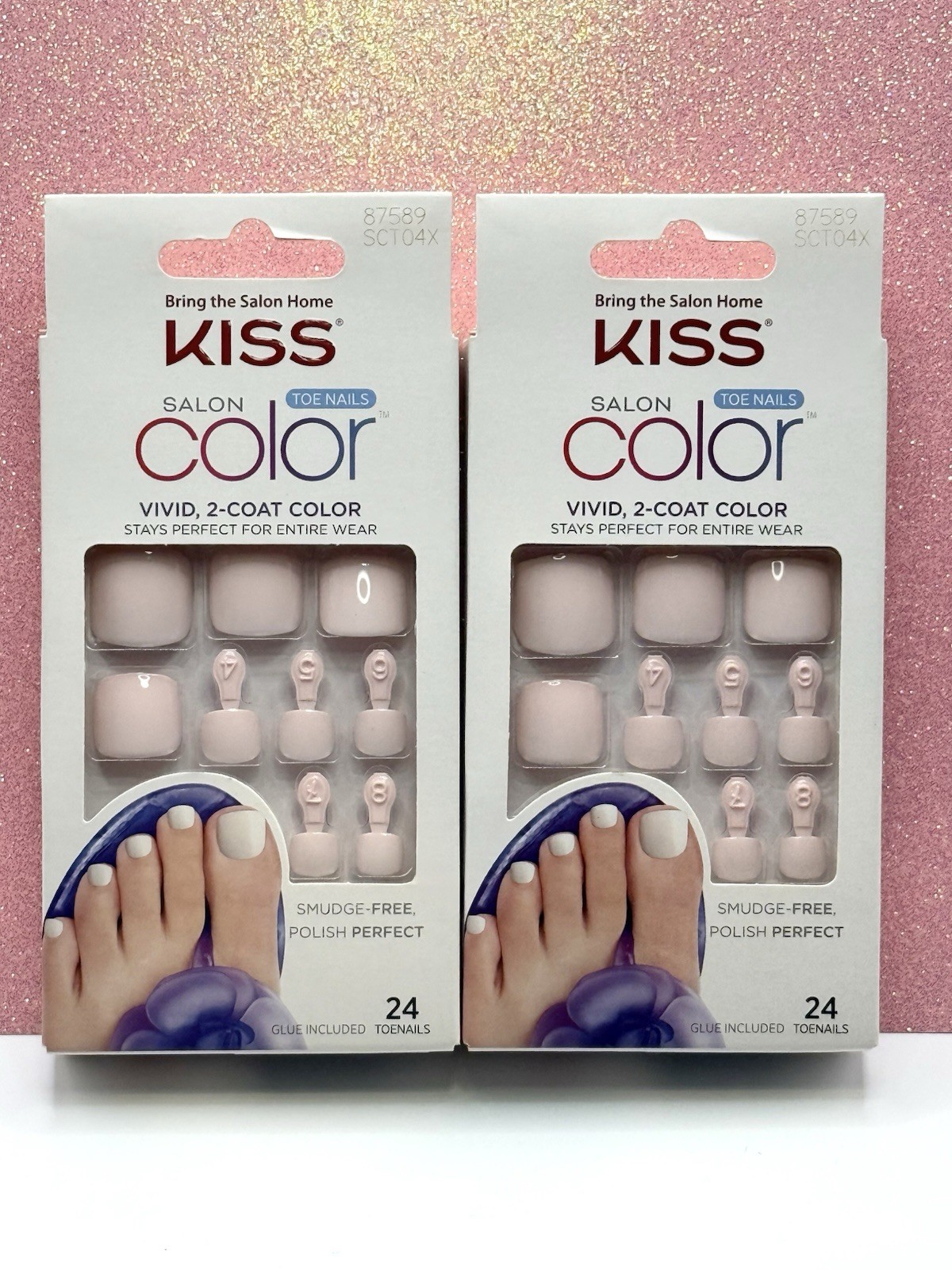 Kiss Salon Color Press-On Toenails Pedicure Soft Pink Shiny 87589 Lot Of 2