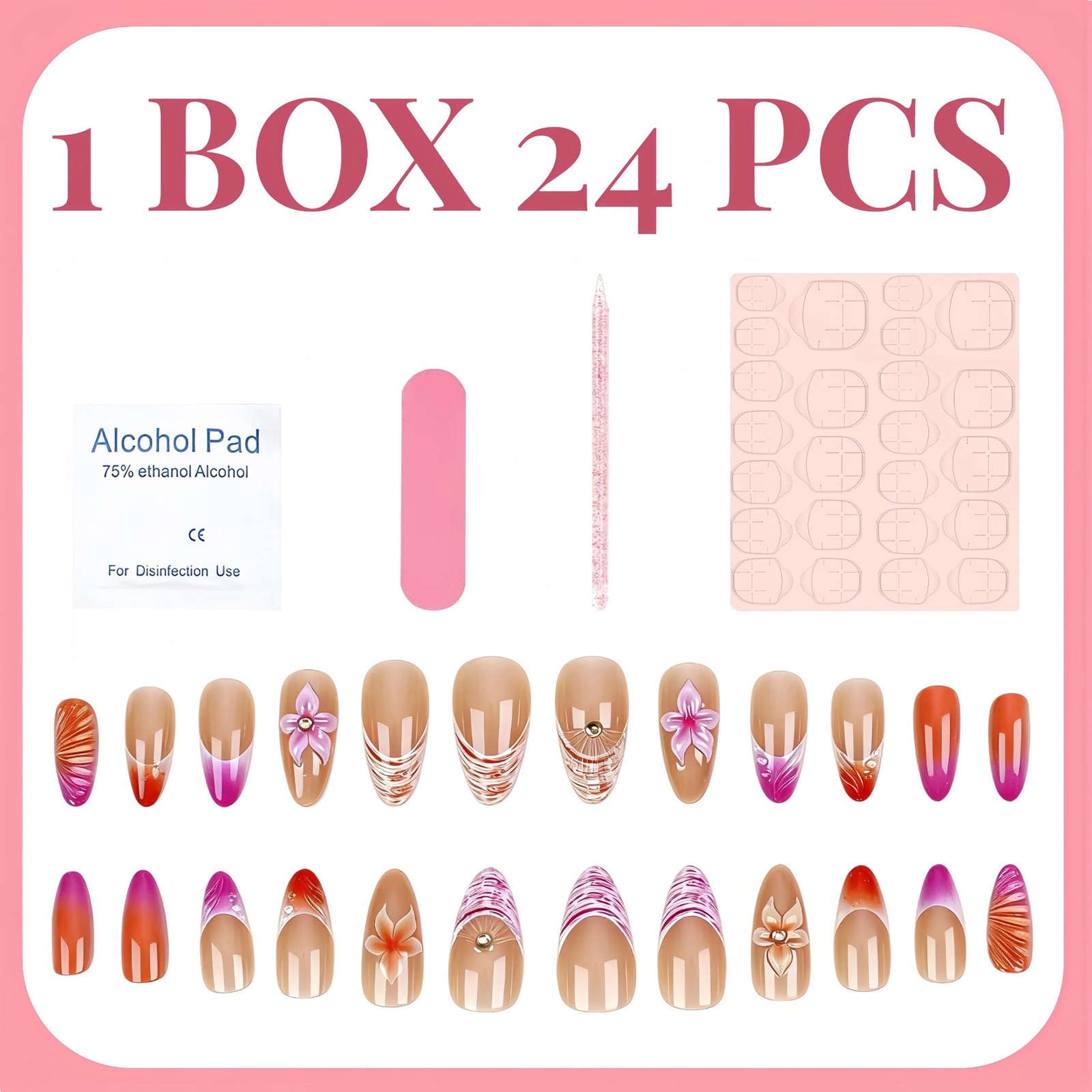 Medium Almond Press on Nails Flower Acrylic Fake 3.9*1.8*0.03, Multicolor